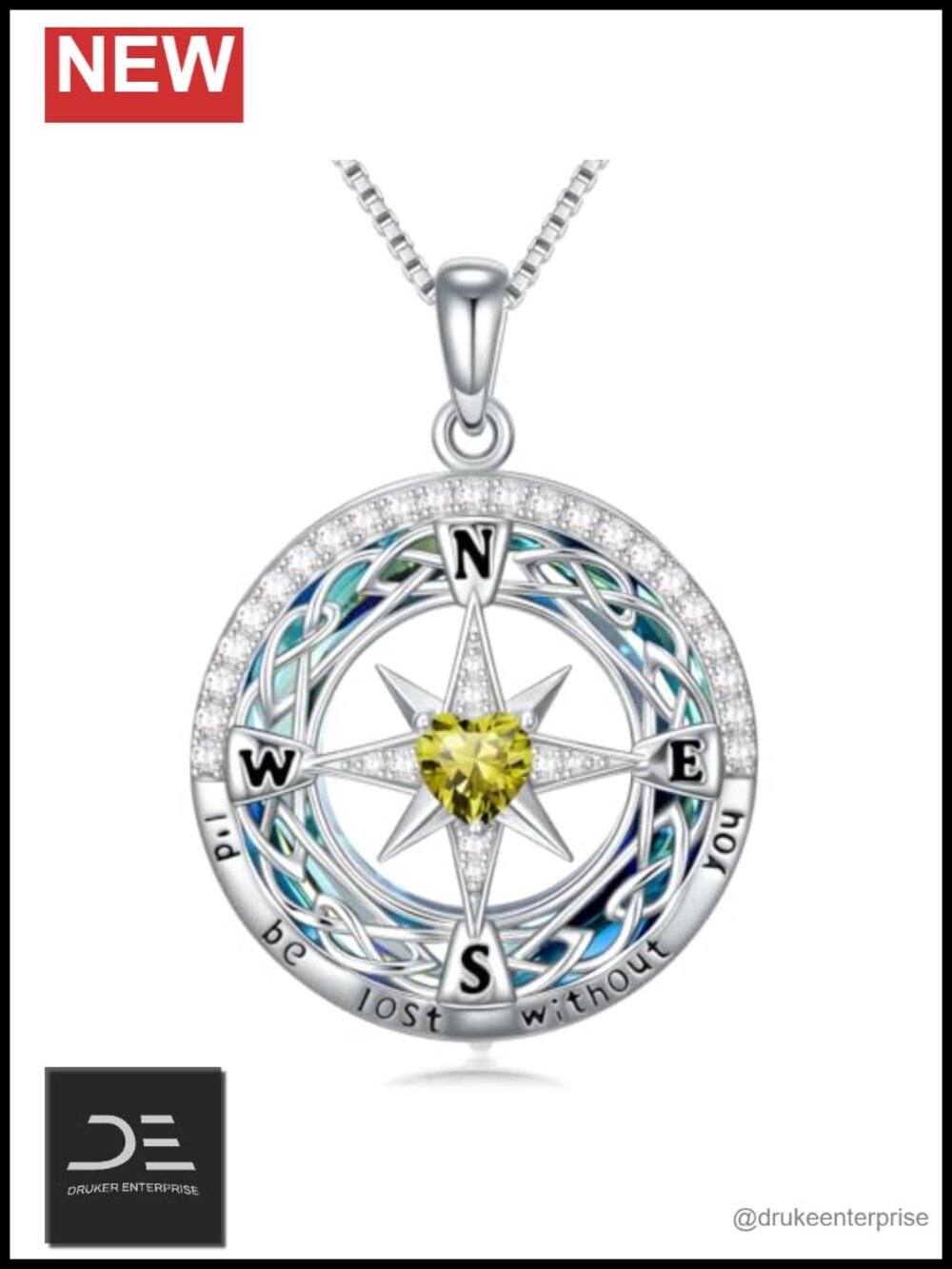 Sterling Silver Compass Necklace Pendant with Peridot Stone, 18-20" Chain, Gift